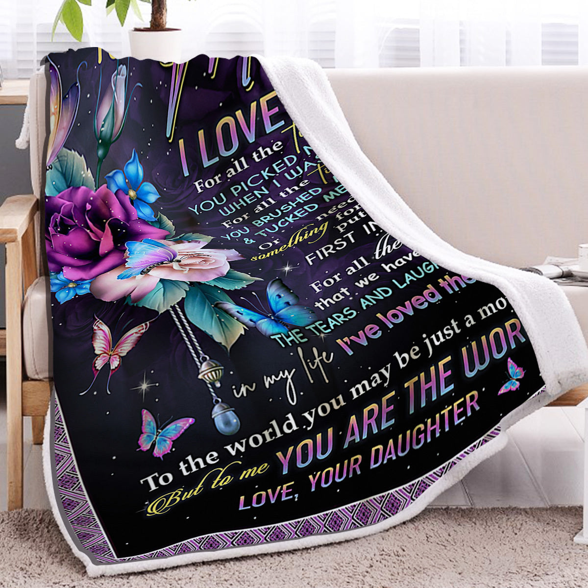 HKM-414419 Soft Sherpa Fleece Blanket with Butterfly Love Flower Design - Ideal for Couch, Office, and Camping