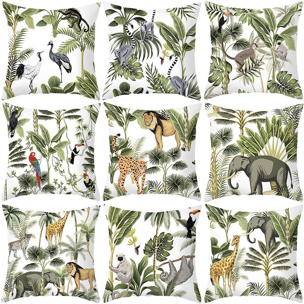 HKM-414483 Tropical Plants Printed Pillowcase in Summer Peach Skin Fabric for Living Room 45x45cm