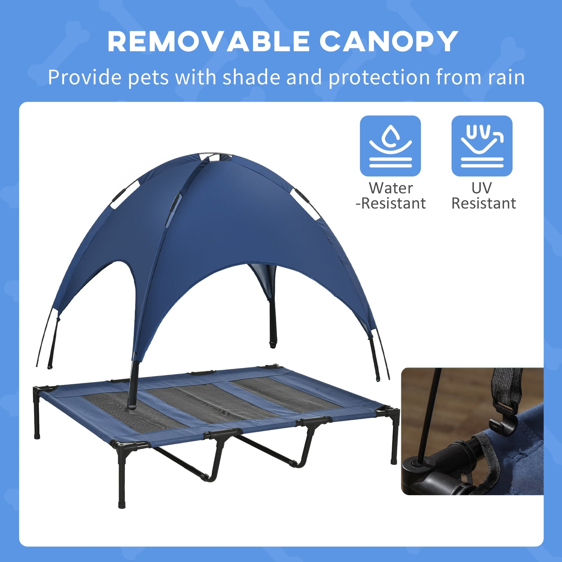 HKM-4149693 Elevated 48" x 36" Dog Cot with Canopy Shade & UV Protection, Dark Blue