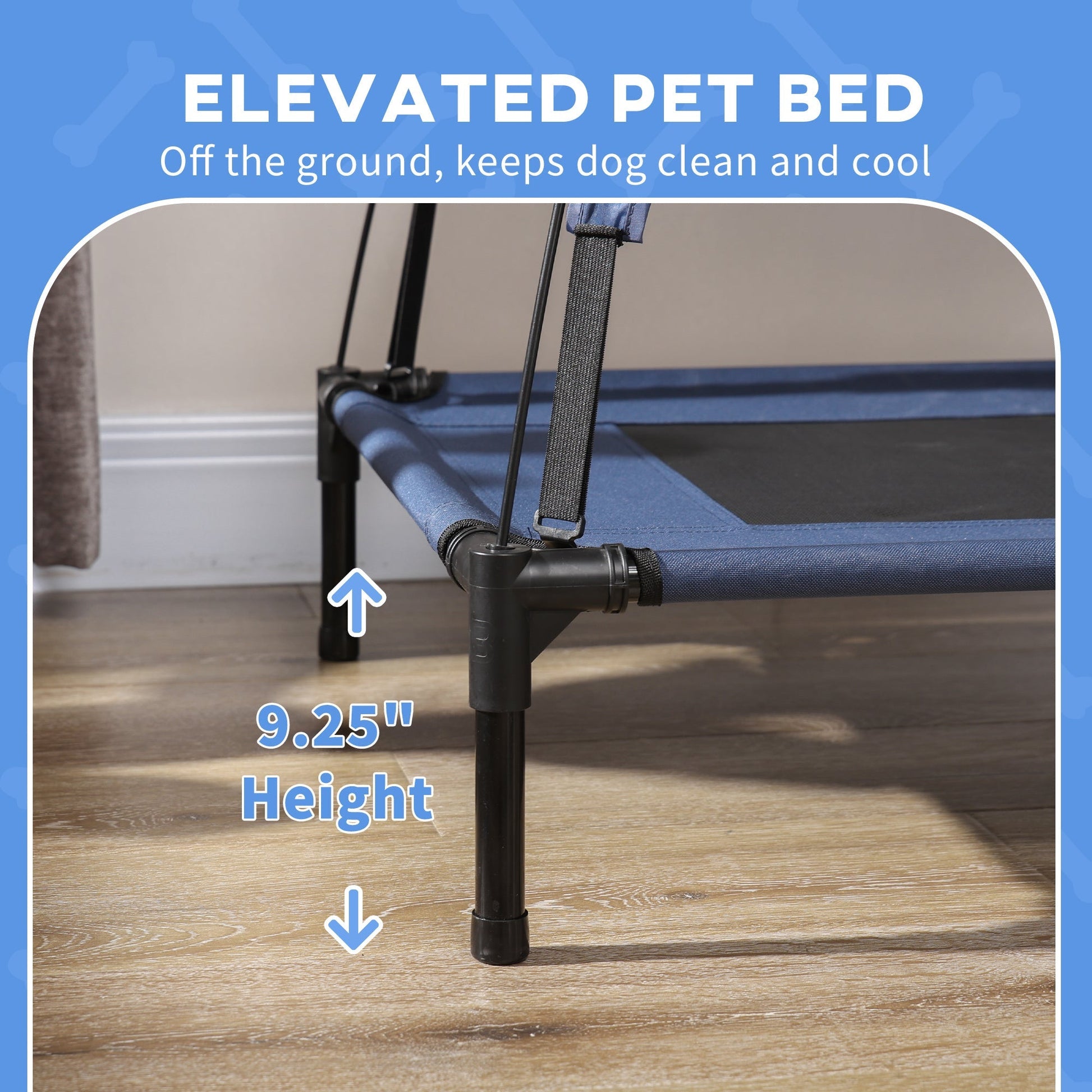HKM-4149693 Elevated 48" x 36" Dog Cot with Canopy Shade & UV Protection, Dark Blue