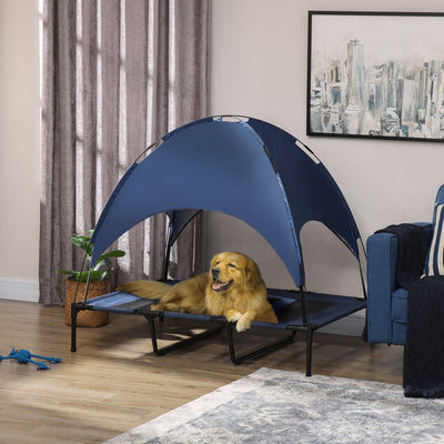HKM-4149693 Elevated 48" x 36" Dog Cot with Canopy Shade & UV Protection, Dark Blue