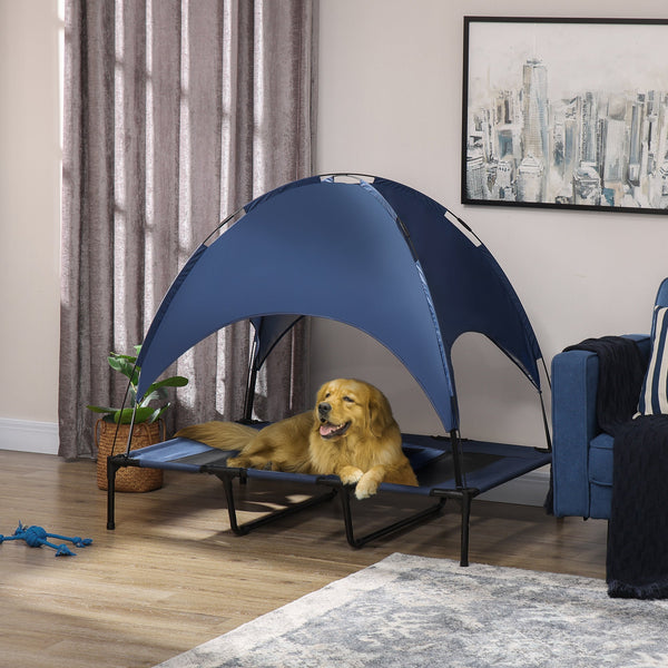 HKM-4149693 Elevated 48" x 36" Dog Cot with Canopy Shade & UV Protection, Dark Blue