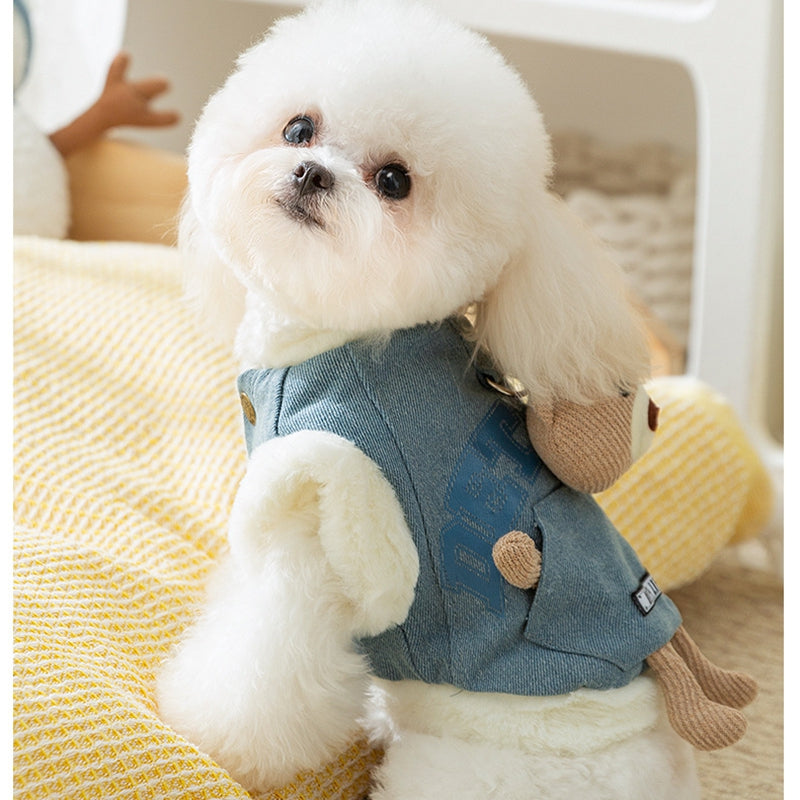 HKM-4149821 Three-Dimensional Bear Denim Vest for Dogs and Cats, Warm Cotton Coat for Autumn and Winter