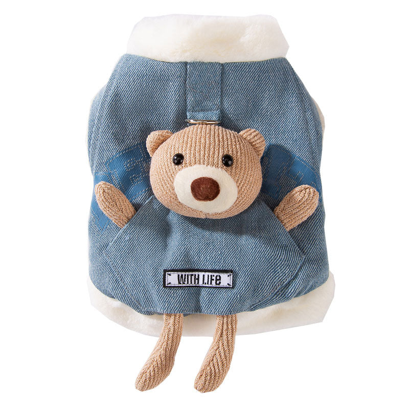 HKM-4149821 Three-Dimensional Bear Denim Vest for Dogs and Cats, Warm Cotton Coat for Autumn and Winter