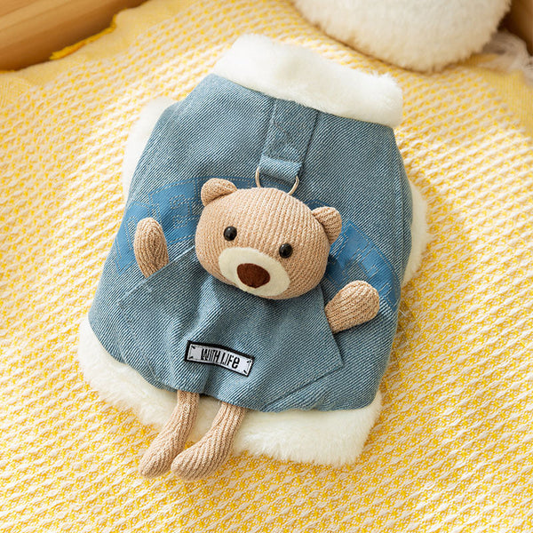 HKM-4149821 Three-Dimensional Bear Denim Vest for Dogs and Cats, Warm Cotton Coat for Autumn and Winter