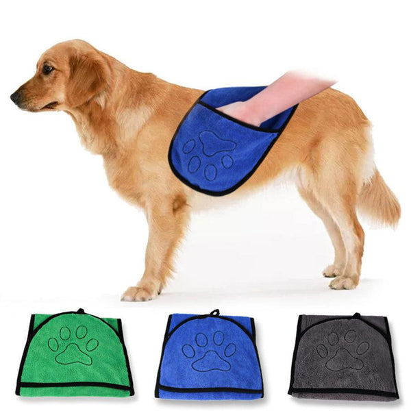 HKM-415315 Absorbent Dog Bath Towel - Soft Fiber Bathrobe for Pets in Blue, Gray, and Green