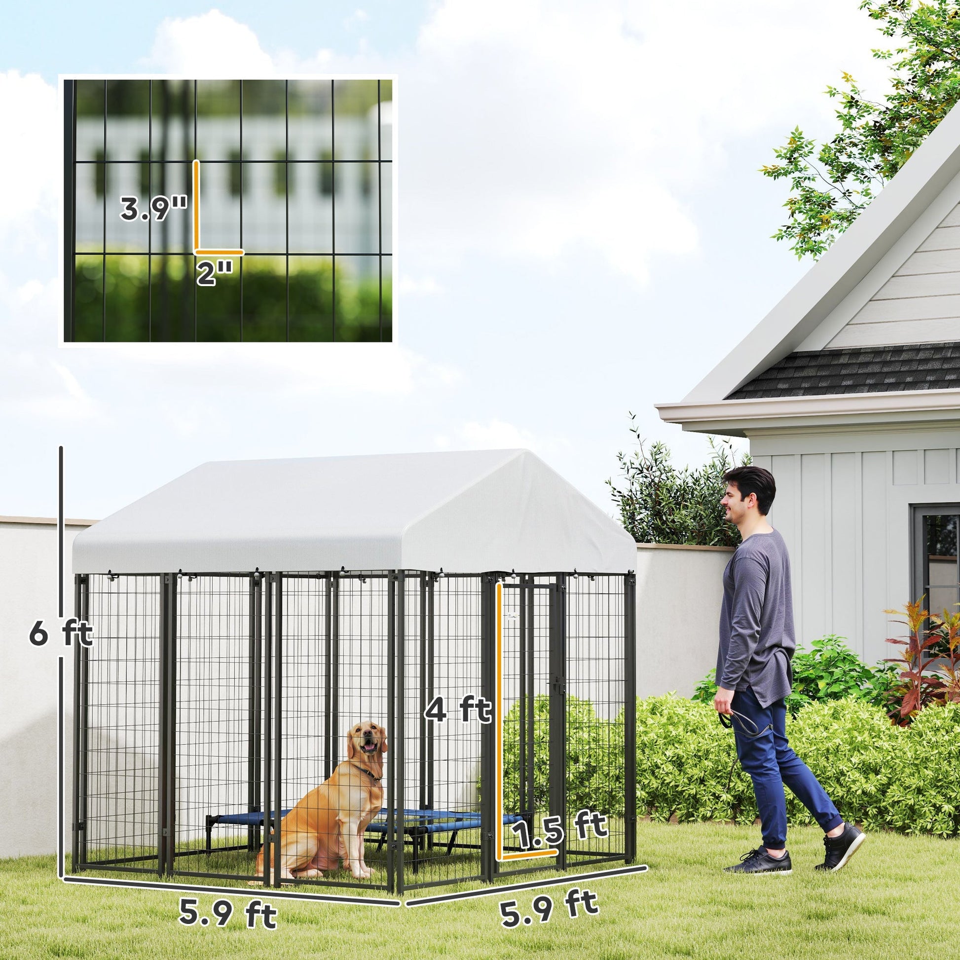 HKM-4154685 Large Outdoor Dog Kennel with Roof, Escape-proof Lock, Waterproof & UV-Resistant Cover, 6' x 6' x 6'