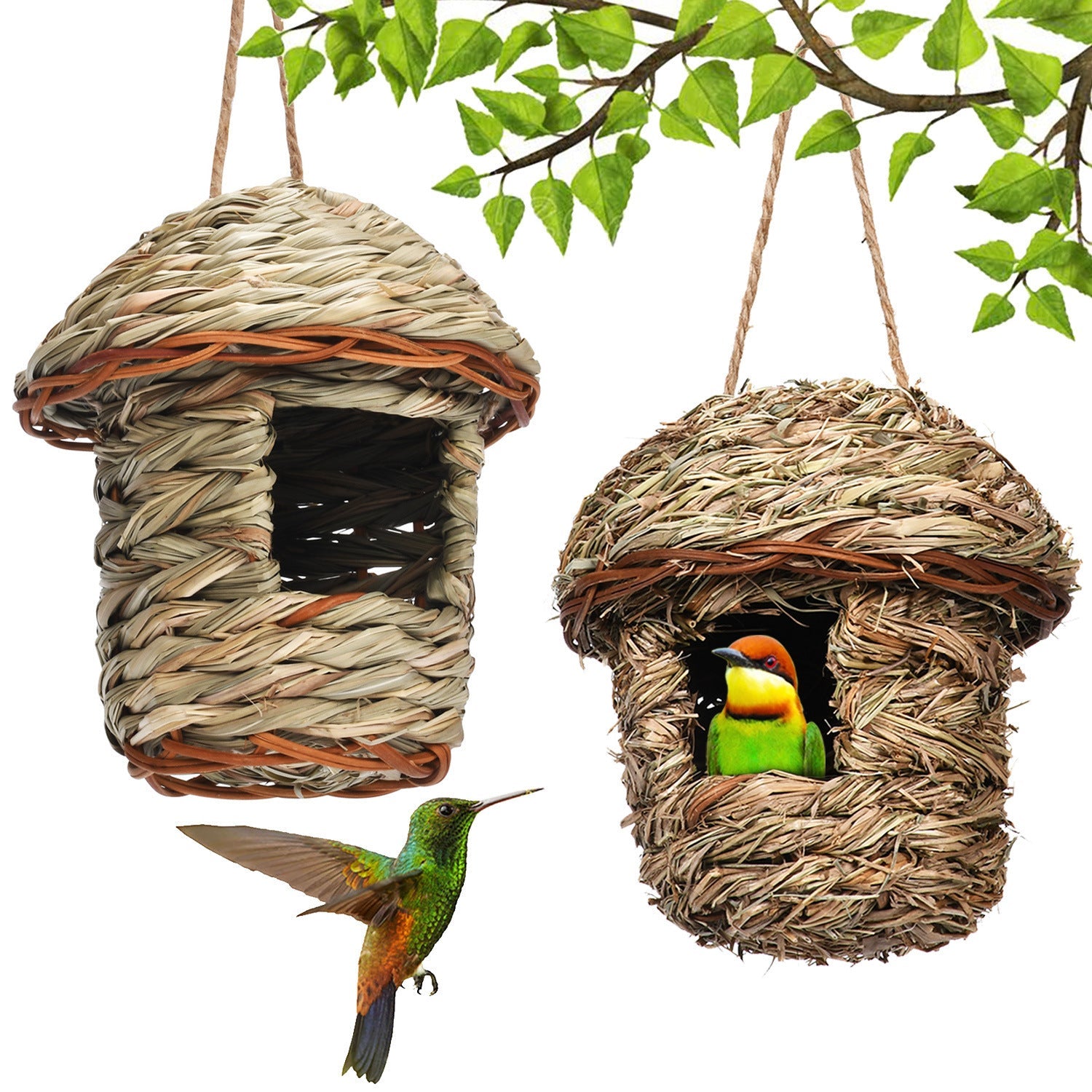 HKM-415507 Handmade Natural Color Straw Bird Nest for Small Birds - Green and Yellow Grass, Black Grass