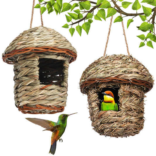 HKM-415507 Handmade Natural Color Straw Bird Nest for Small Birds - Green and Yellow Grass, Black Grass
