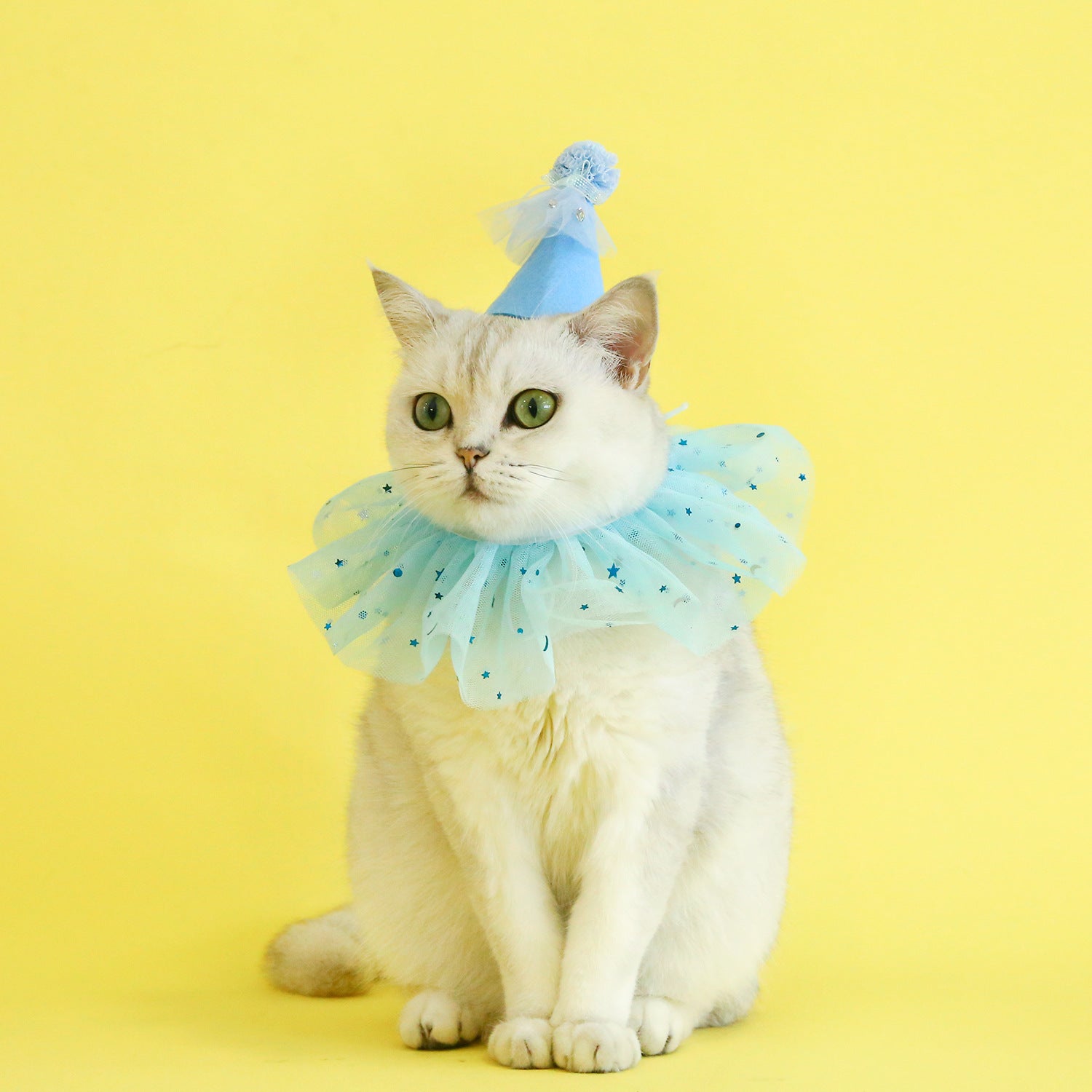 HKM-4155837 Rhinestone Two-Piece Cat Outfit with Bib and Hat - Available in Pink, Blue, and Yellow