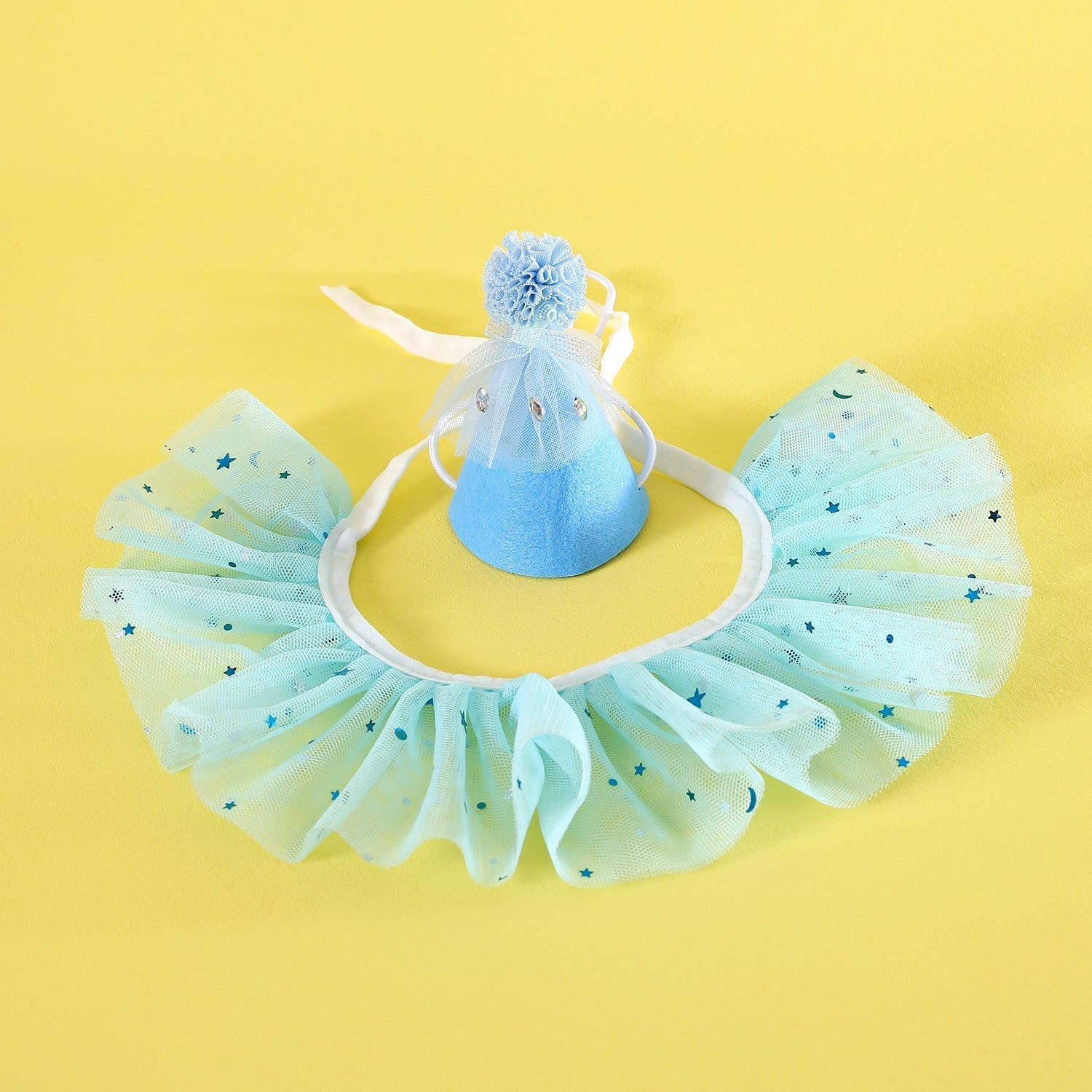 HKM-4155837 Rhinestone Two-Piece Cat Outfit with Bib and Hat - Available in Pink, Blue, and Yellow