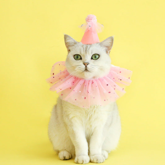 HKM-4155837 Rhinestone Two-Piece Cat Outfit with Bib and Hat - Available in Pink, Blue, and Yellow
