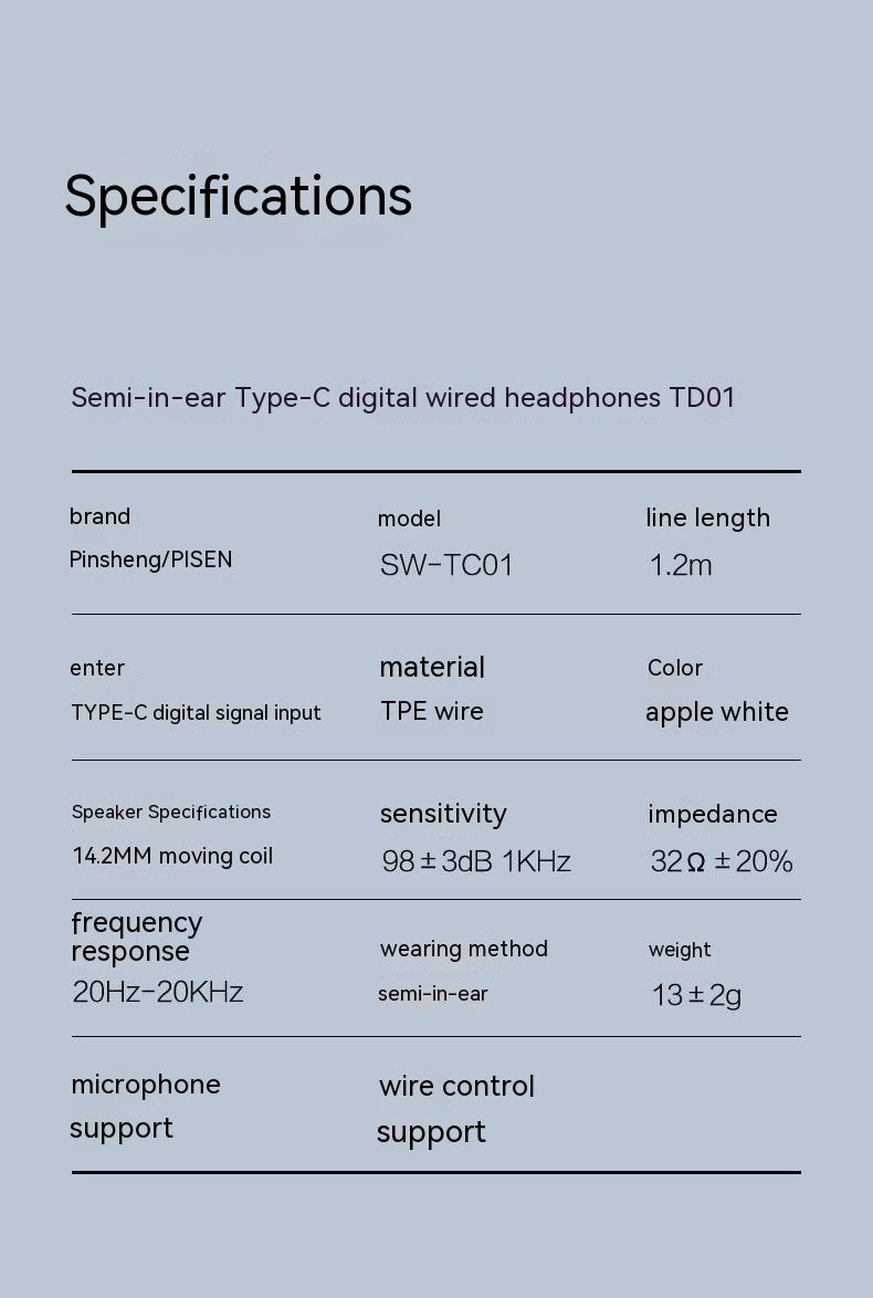 HKM-415763 Type-C Wired Earphones with Semi-In-Ear Design and Built-in Microphone