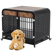 HKM-415891 Heavy Duty Wooden Dog Crate Table with Lockable Wheels and Removable Tray - 33 Inch Brown