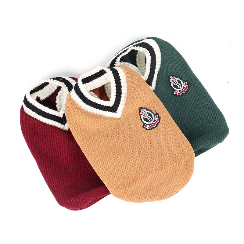 HKM-4159165 Knitted Cotton V-Neck Vest for Pets - Autumn Winter in Green, Wine Red, Khaki