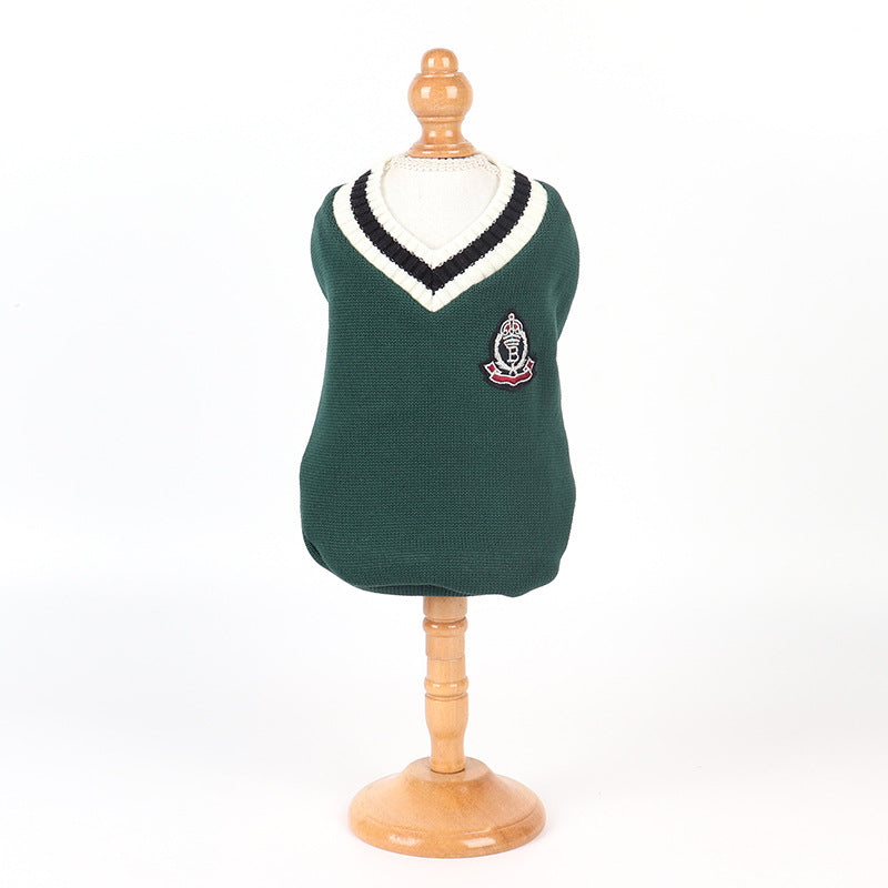 HKM-4159165 Knitted Cotton V-Neck Vest for Pets - Autumn Winter in Green, Wine Red, Khaki