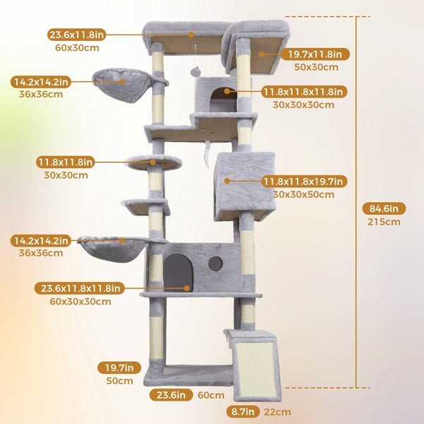 HKM-4160061 Light Gray Cat Tree Tower with Wide Base, 3 Spacious Condos, 11 Sisal Scratching Posts, 2 Hammocks, and Interactive Toy