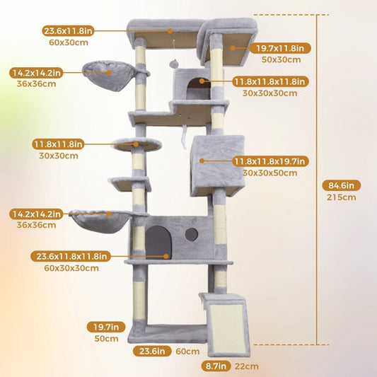 HKM-4160061 Light Gray Cat Tree Tower with Wide Base, 3 Spacious Condos, 11 Sisal Scratching Posts, 2 Hammocks, and Interactive Toy
