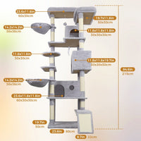 HKM-4160061 Light Gray Cat Tree Tower with Wide Base, 3 Spacious Condos, 11 Sisal Scratching Posts, 2 Hammocks, and Interactive Toy