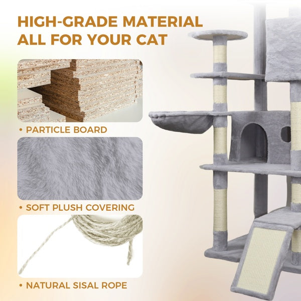 HKM-4160061 Light Gray Cat Tree Tower with Wide Base, 3 Spacious Condos, 11 Sisal Scratching Posts, 2 Hammocks, and Interactive Toy