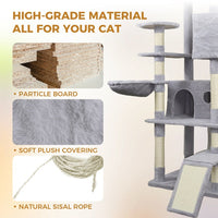 HKM-4160061 Light Gray Cat Tree Tower with Wide Base, 3 Spacious Condos, 11 Sisal Scratching Posts, 2 Hammocks, and Interactive Toy