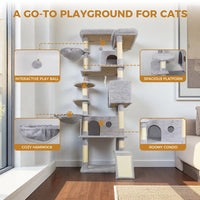HKM-4160061 Light Gray Cat Tree Tower with Wide Base, 3 Spacious Condos, 11 Sisal Scratching Posts, 2 Hammocks, and Interactive Toy