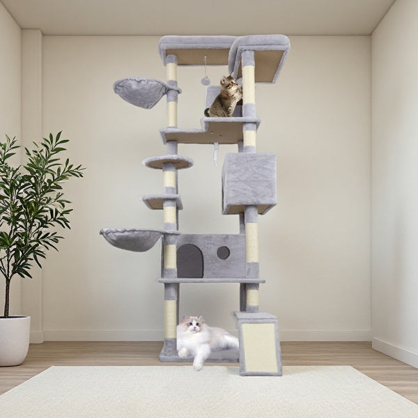 HKM-4160061 Light Gray Cat Tree Tower with Wide Base, 3 Spacious Condos, 11 Sisal Scratching Posts, 2 Hammocks, and Interactive Toy