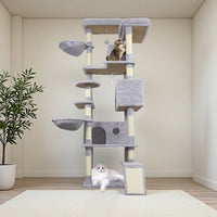 HKM-4160061 Light Gray Cat Tree Tower with Wide Base, 3 Spacious Condos, 11 Sisal Scratching Posts, 2 Hammocks, and Interactive Toy