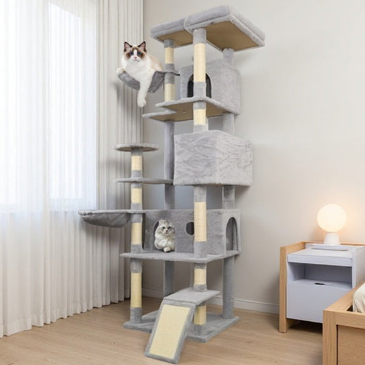 HKM-4160061 Light Gray Cat Tree Tower with Wide Base, 3 Spacious Condos, 11 Sisal Scratching Posts, 2 Hammocks, and Interactive Toy