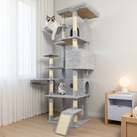 HKM-4160061 Light Gray Cat Tree Tower with Wide Base, 3 Spacious Condos, 11 Sisal Scratching Posts, 2 Hammocks, and Interactive Toy