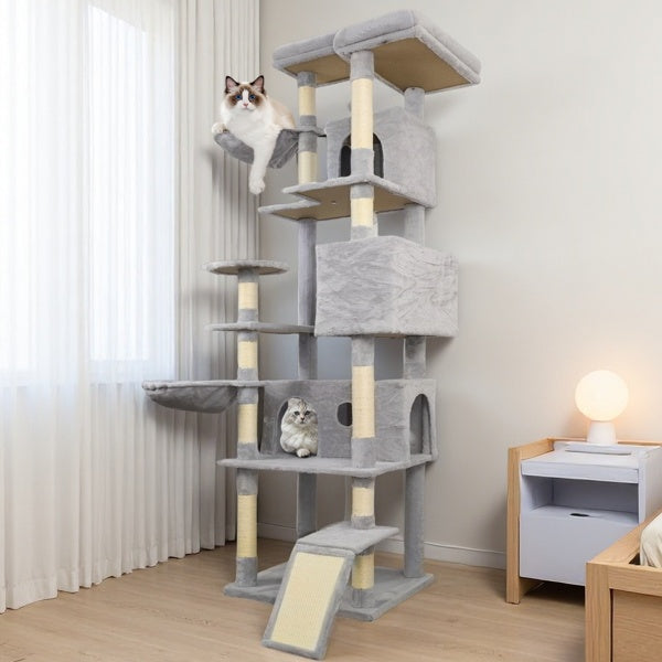 HKM-4160061 Light Gray Cat Tree Tower with Wide Base, 3 Spacious Condos, 11 Sisal Scratching Posts, 2 Hammocks, and Interactive Toy