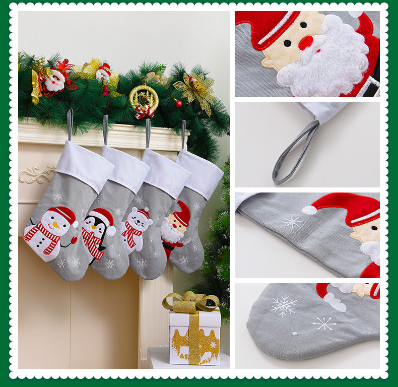 HKM-416019 Gray Cartoon Christmas Tree Pendant Gift Bag – Penguin, Bear, Santa Claus, Snowman Designs