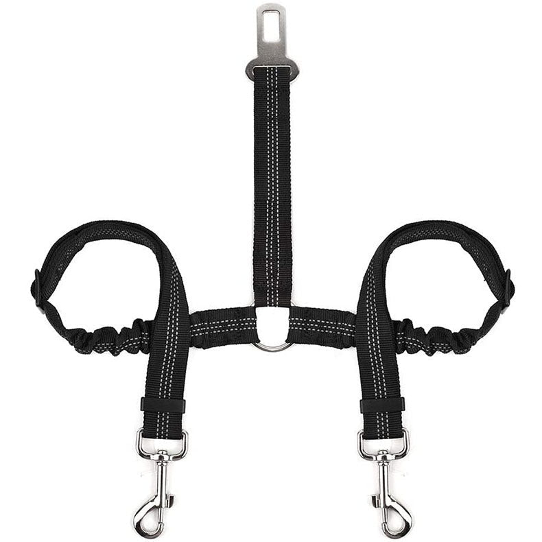HKM-4160573 Pet Car Seat Belt for Two Dogs - Dual-Ended Safety Traction Rope, Adjustable Polyester Design