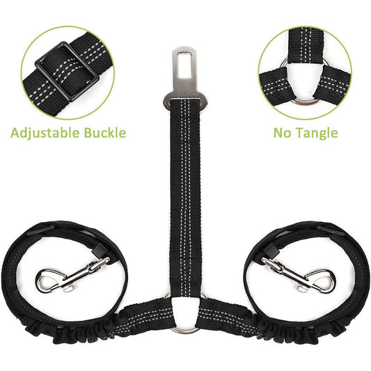 HKM-4160573 Pet Car Seat Belt for Two Dogs - Dual-Ended Safety Traction Rope, Adjustable Polyester Design