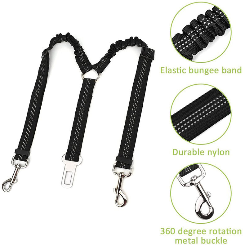 HKM-4160573 Pet Car Seat Belt for Two Dogs - Dual-Ended Safety Traction Rope, Adjustable Polyester Design