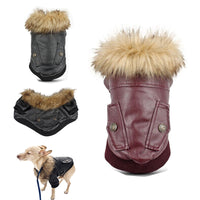 HKM-4160957 Faux Fur Collar Double-Pocket PU Leather Coat for Dogs - Available in Wine Red and Black