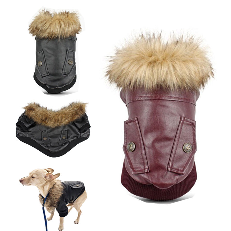 HKM-4160957 Faux Fur Collar Double-Pocket PU Leather Coat for Dogs - Available in Wine Red and Black