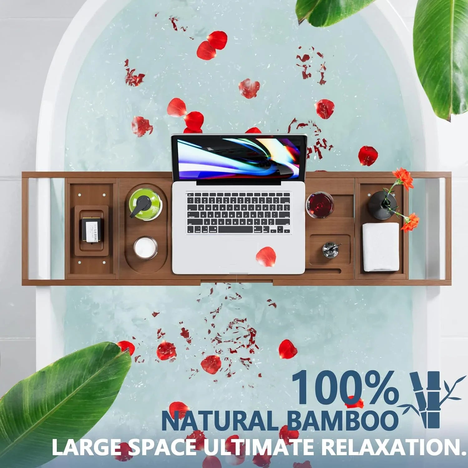 HKM-416147 Expandable Bamboo Bathtub Caddy Tray for Relaxing Bath Experience