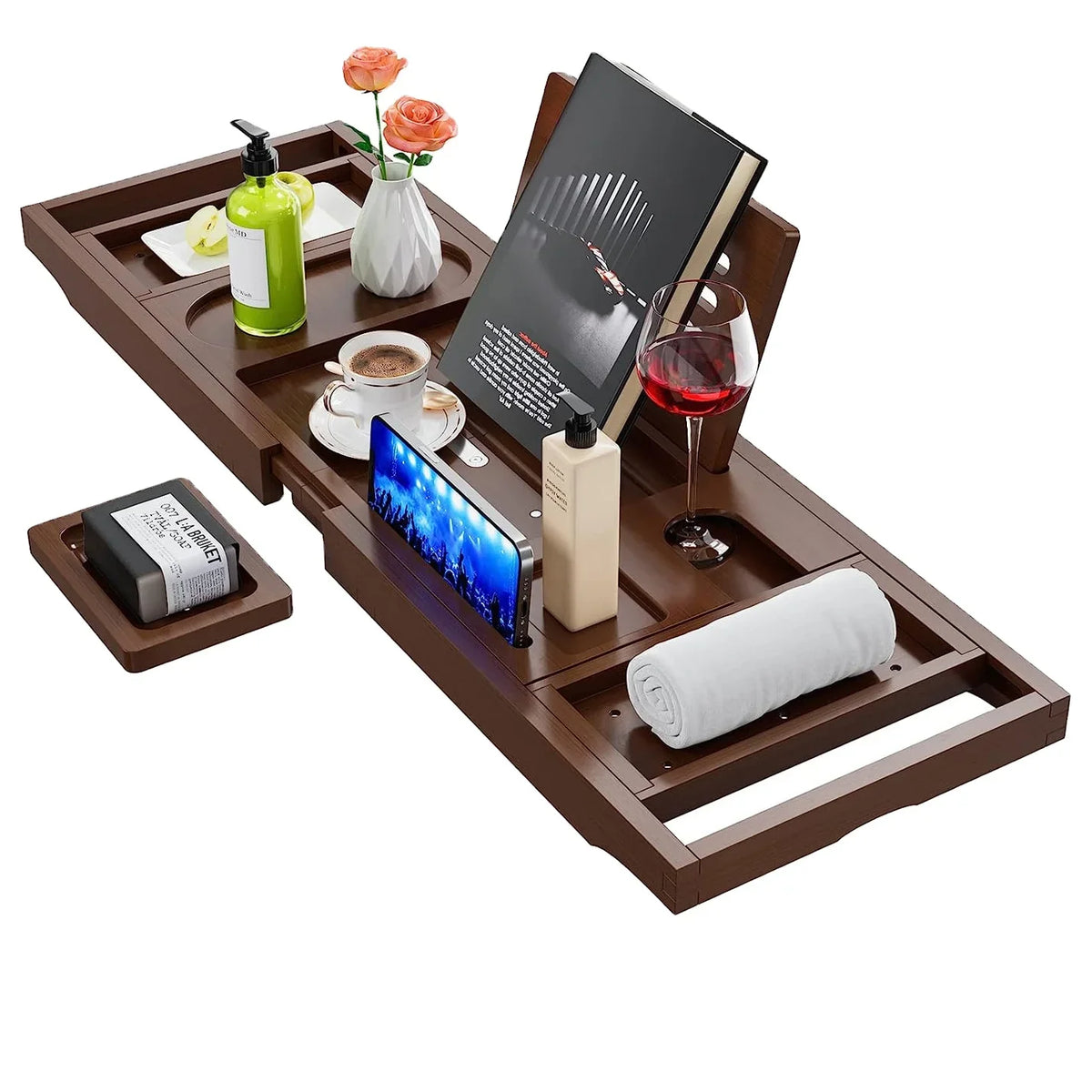 HKM-416147 Expandable Bamboo Bathtub Caddy Tray for Relaxing Bath Experience