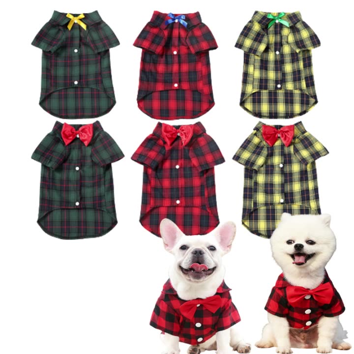 HKM-4163133 Elegant Plaid Dog Shirt for Small and Medium-Sized Dogs with Bow Tie Options