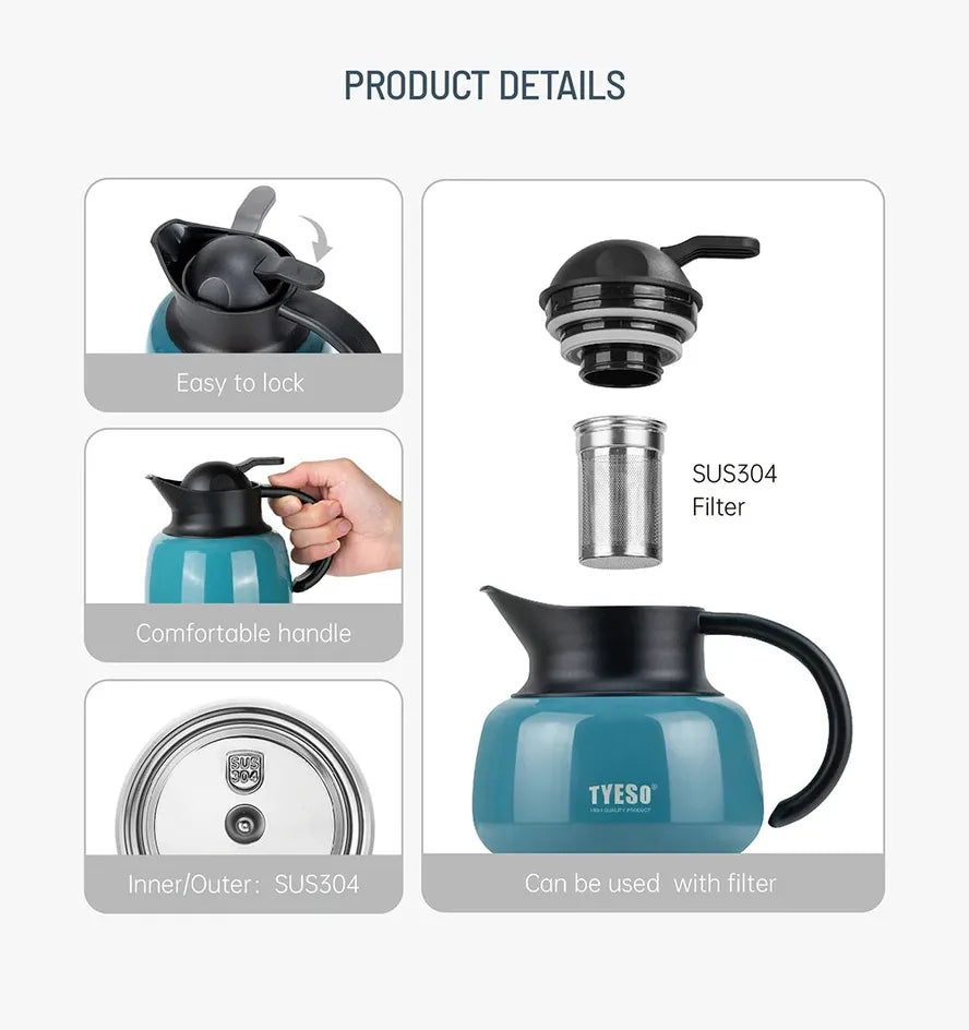 HKM-416339 Stainless Steel Vacuum Insulated Tea Kettle with Lid and Tea Infuser - Multiple Capacities and Colours Available