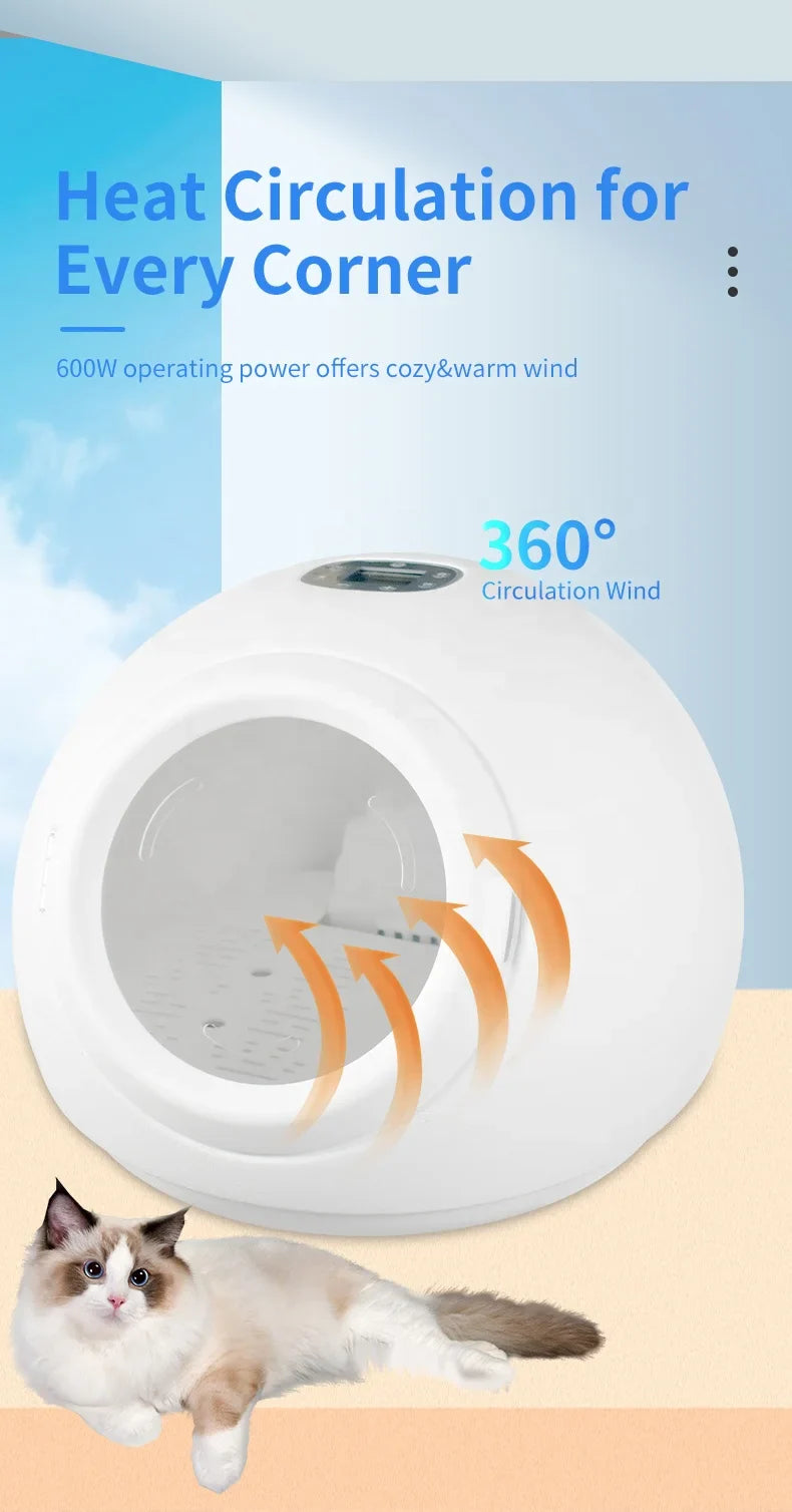HKM-416979 Smart 360-Degree Temperature Controlled Pet Dryer for Cats and Small Dogs - Indoor Bathing Use