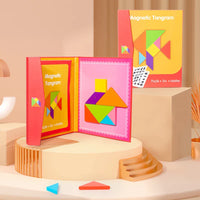 HKM-417171 Montessori Magnetic Tangram Puzzle - 3D Wooden Shape Building Blocks for Kids Learning
