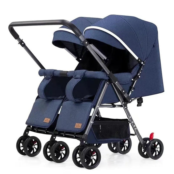 HKM-4175187 Side-by-Side Twin Stroller with Individual Recline per Seat Eight Wheels an Adjustable Handle and a One-Step Fold