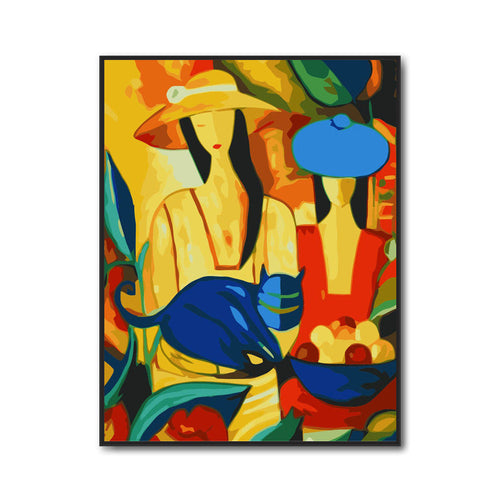 HKM-417555 Abstract Hand-Painted Digital Oil Painting of Woman and Cat on Stretch Frame, 40x50 cm