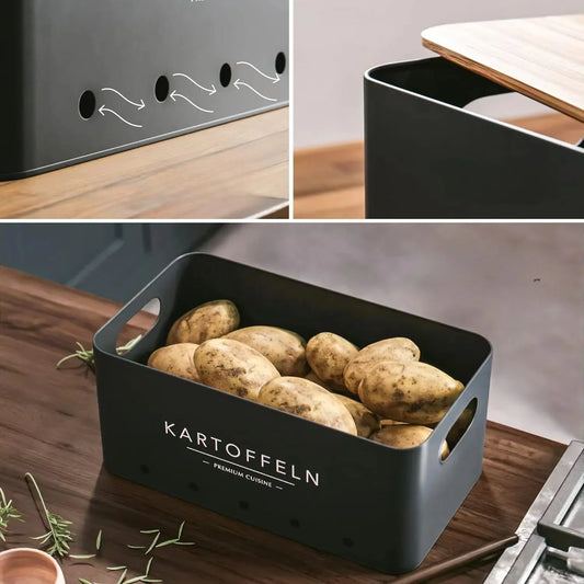 HKM-417619 Rectangle Bamboo Lid Potato, Onion, and Garlic Storage Pots, Carbon Steel Canister, Custom Sizes Available
