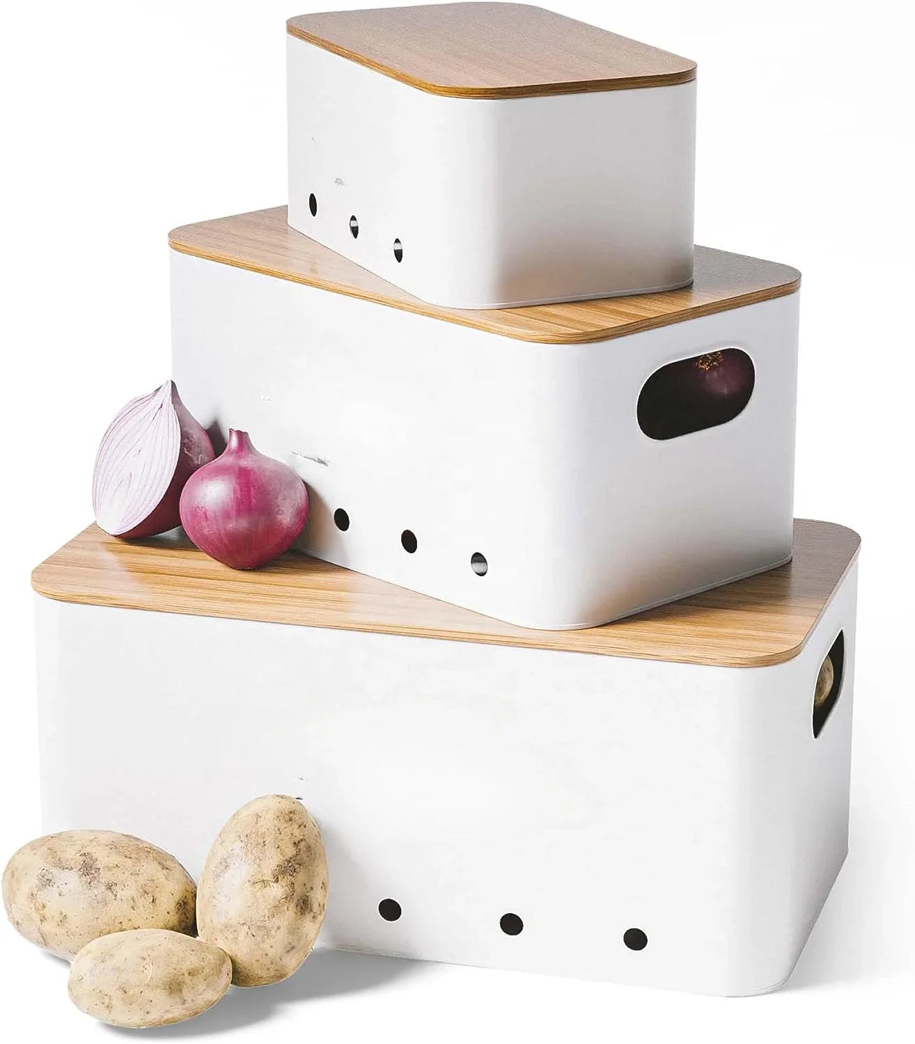 HKM-417619 Rectangle Bamboo Lid Potato, Onion, and Garlic Storage Pots, Carbon Steel Canister, Custom Sizes Available