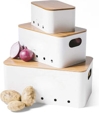 HKM-417619 Rectangle Bamboo Lid Potato, Onion, and Garlic Storage Pots, Carbon Steel Canister, Custom Sizes Available