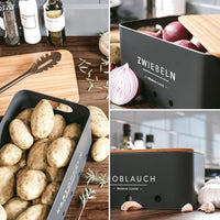 HKM-417619 Rectangle Bamboo Lid Potato, Onion, and Garlic Storage Pots, Carbon Steel Canister, Custom Sizes Available