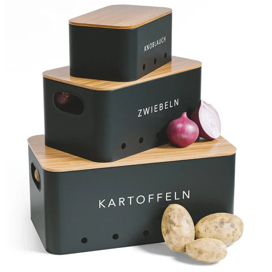 HKM-417619 Rectangle Bamboo Lid Potato, Onion, and Garlic Storage Pots, Carbon Steel Canister, Custom Sizes Available
